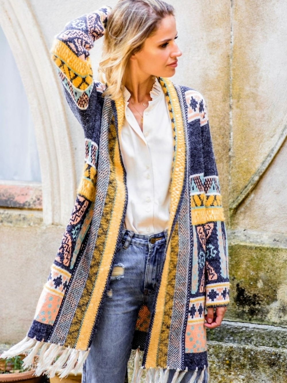 River Island Multicolor Knit Fringe Cardigan with Yellow Trim